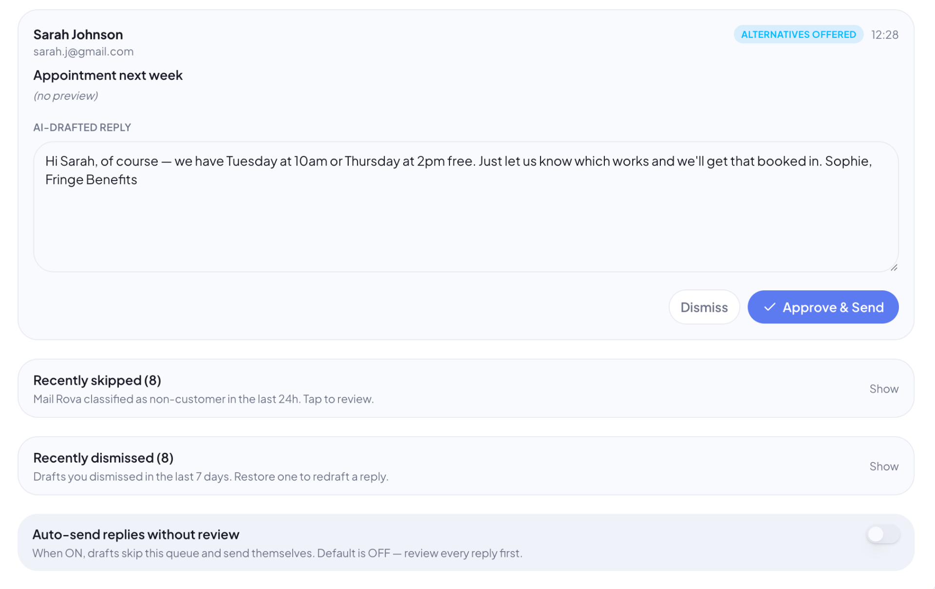 Rova AI draft ready to approve and send