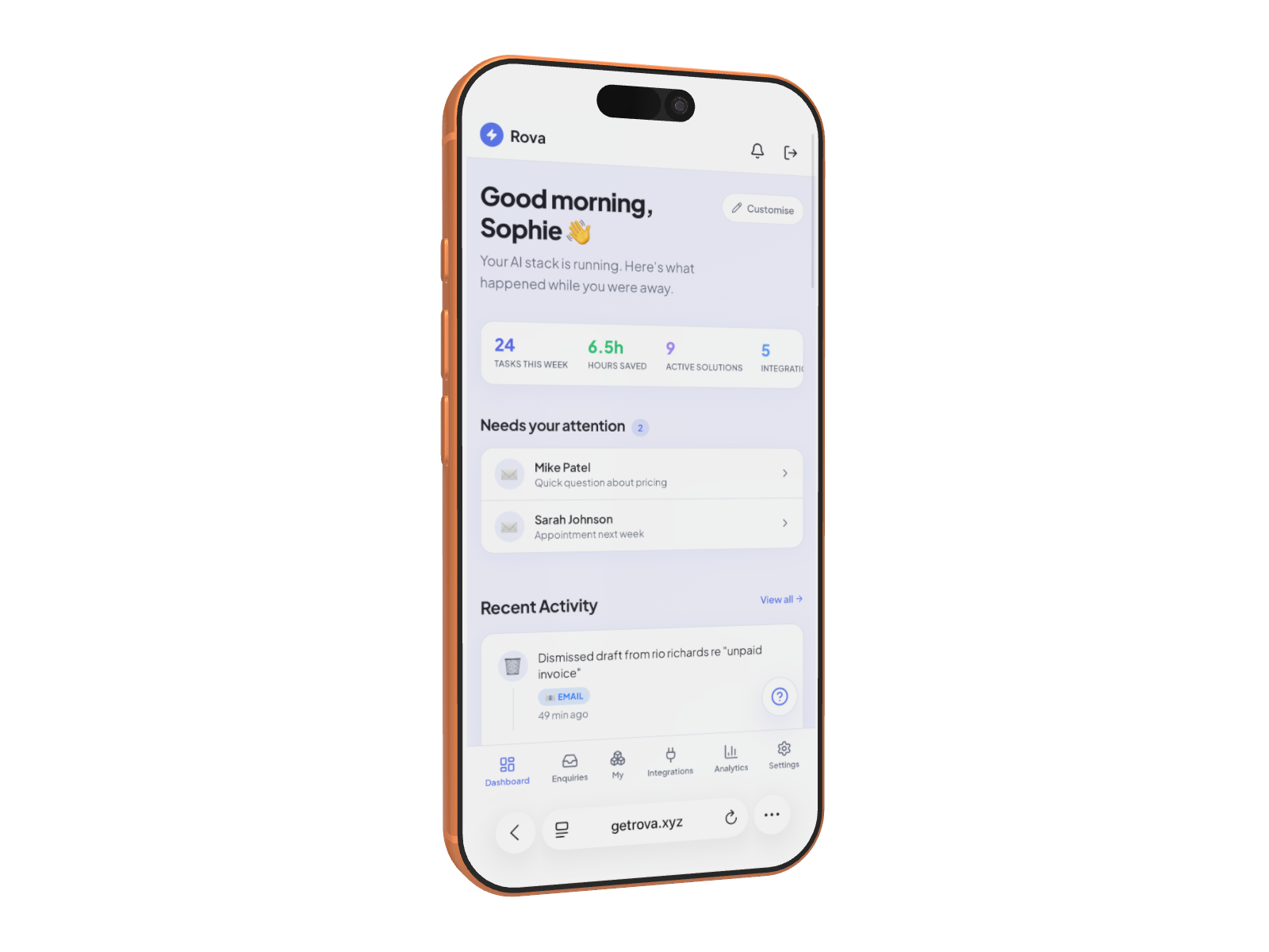 Rova dashboard on iPhone