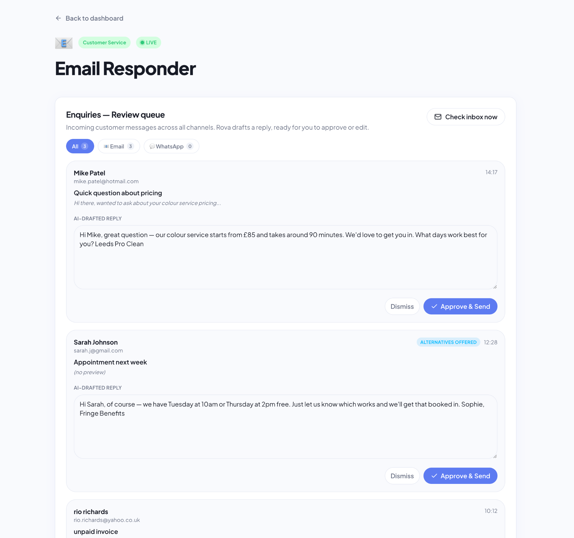 Rova Email Responder review queue